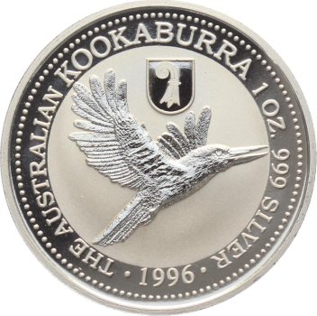 Preview: Australien 1 Dollar 1996 Kookaburra - 1 Unze Feinsilber - Privymark "Basler Stab"